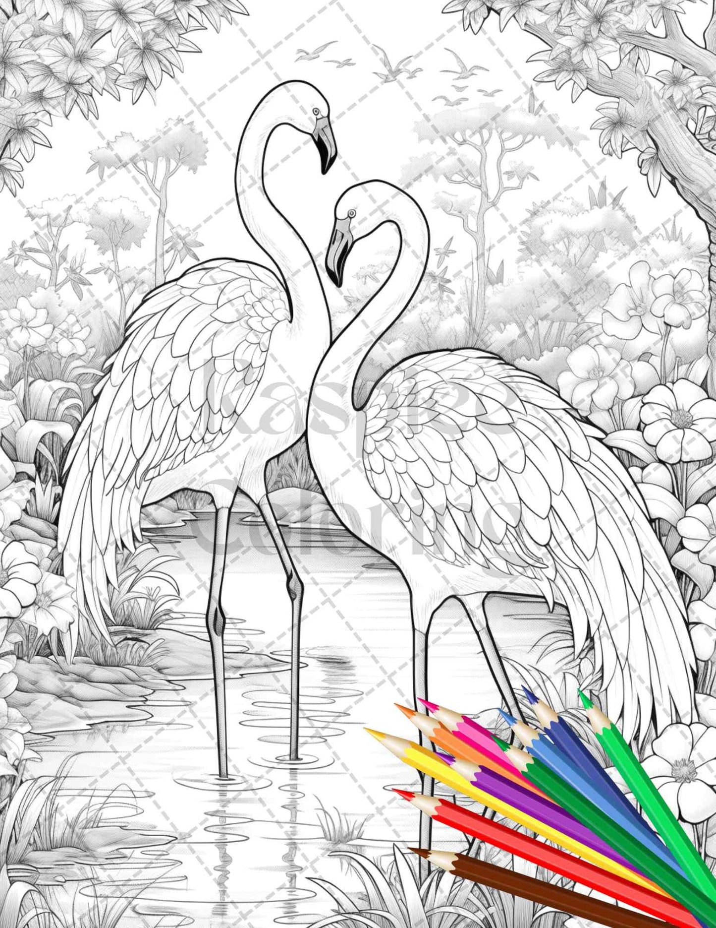 Flamingo Oasis Grayscale Coloring Pages Printable for Adults, PDF File Instant Download