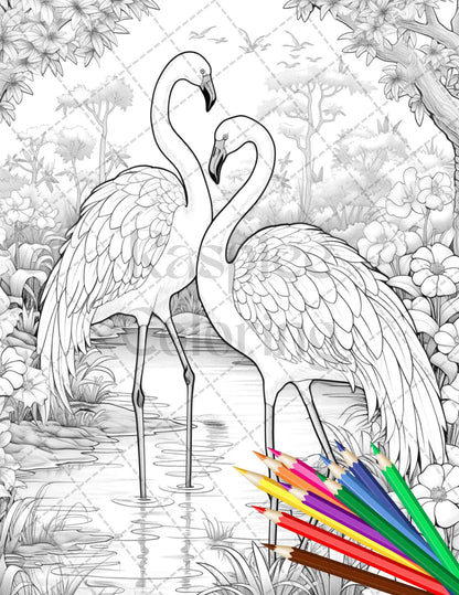 Flamingo Oasis Grayscale Coloring Pages Printable for Adults, PDF File Instant Download