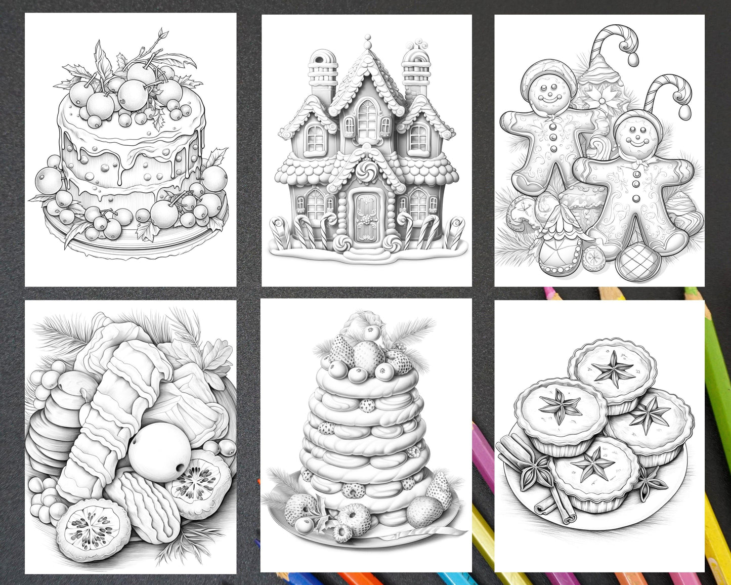 77 Christmas Desserts Grayscale Coloring Pages for Adults, Printable PDF Instant Download