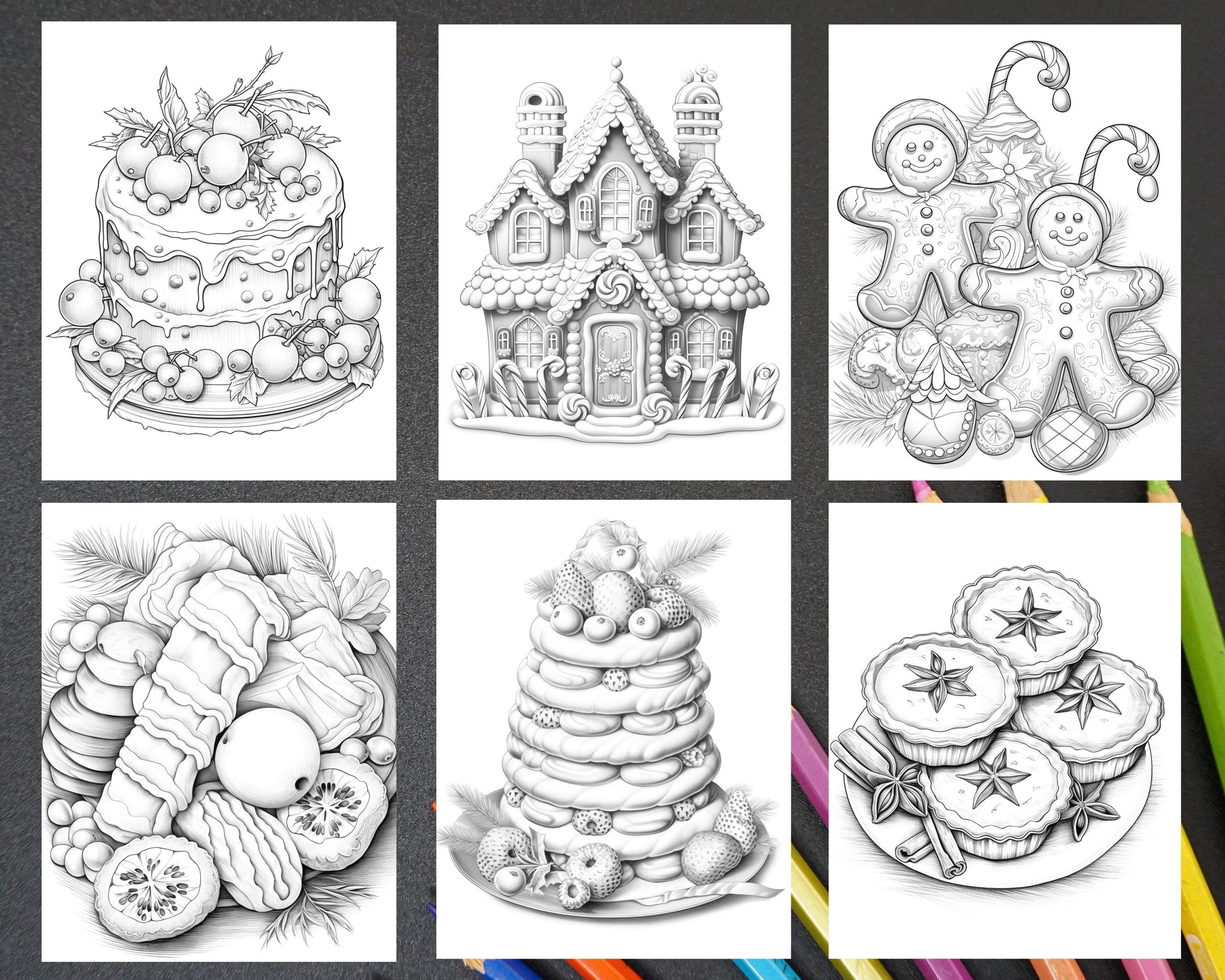 77 Christmas Desserts Grayscale Coloring Pages for Adults, Printable PDF Instant Download
