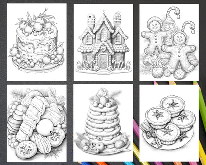 77 Christmas Desserts Grayscale Coloring Pages for Adults, Printable PDF Instant Download