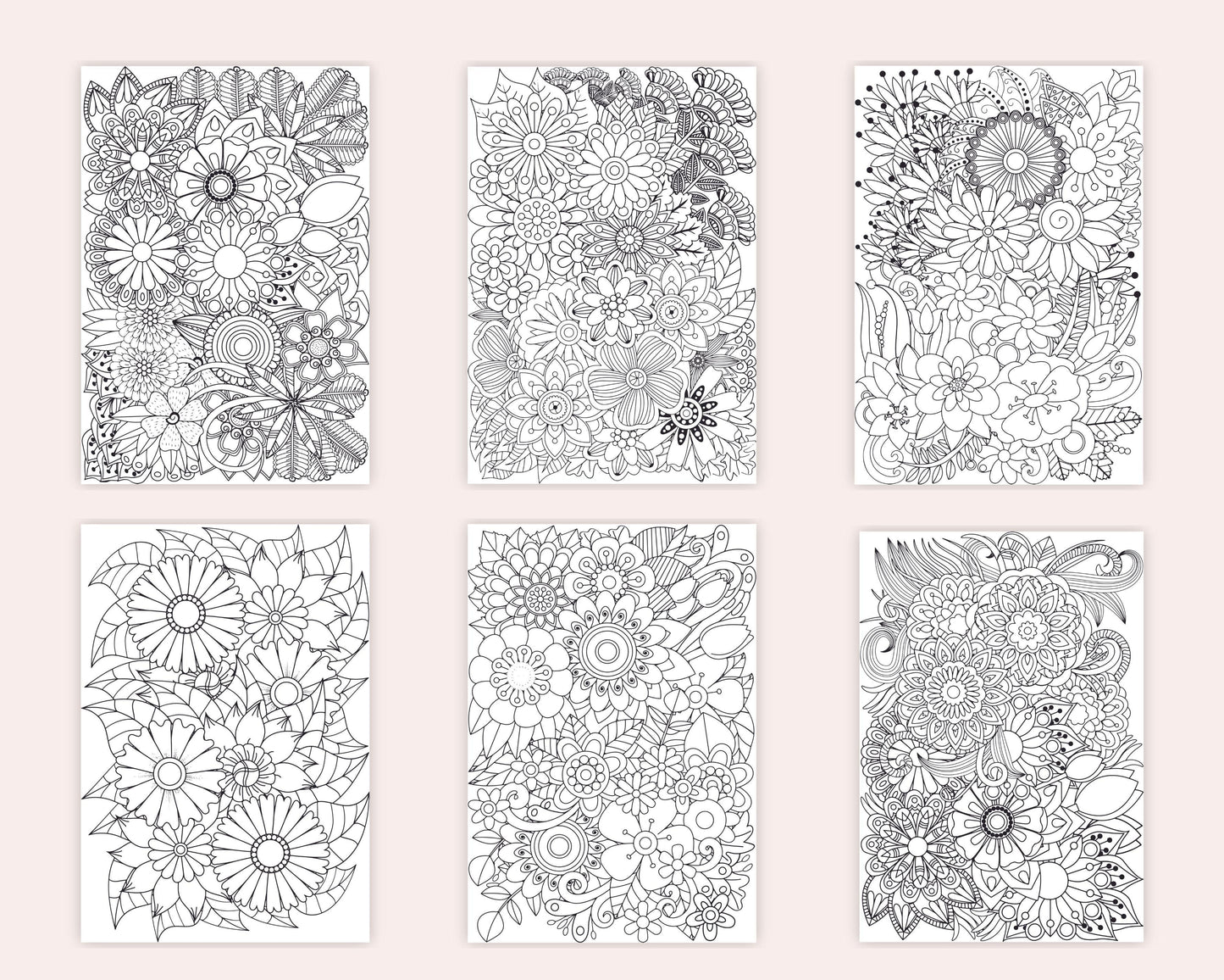 100 Printable Flower Zentangle Coloring Pages for Adults Anxiety Relief and Relaxation, Printable PDF File Instant Download
