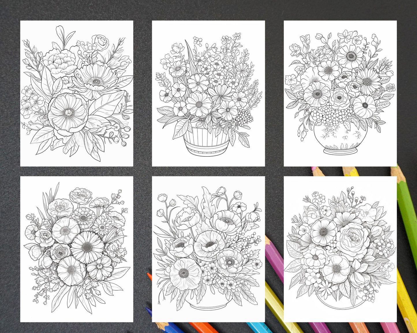 100 Printable Flower Vase Coloring Pages for Adults, Floral Grayscale Coloring Book, Printable PDF File Download