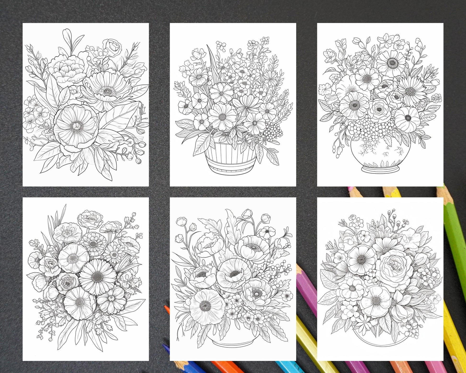 100 Printable Flower Vase Coloring Pages for Adults, Floral Grayscale Coloring Book, Printable PDF File Download