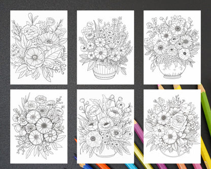 100 Printable Flower Vase Coloring Pages for Adults, Floral Grayscale Coloring Book, Printable PDF File Download