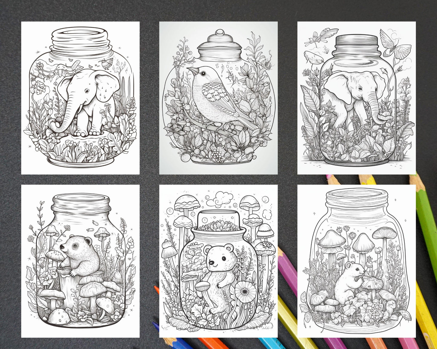 64 Life Inside Jar Printable Coloring Pages for Adults, Grayscale Coloring Book, Printable PDF File Download