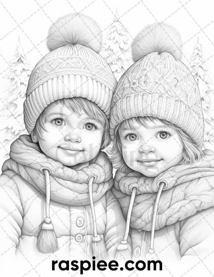 50 Baby Winter Portrait Grayscale Coloring Pages Printable for Adults, PDF File Instant Download