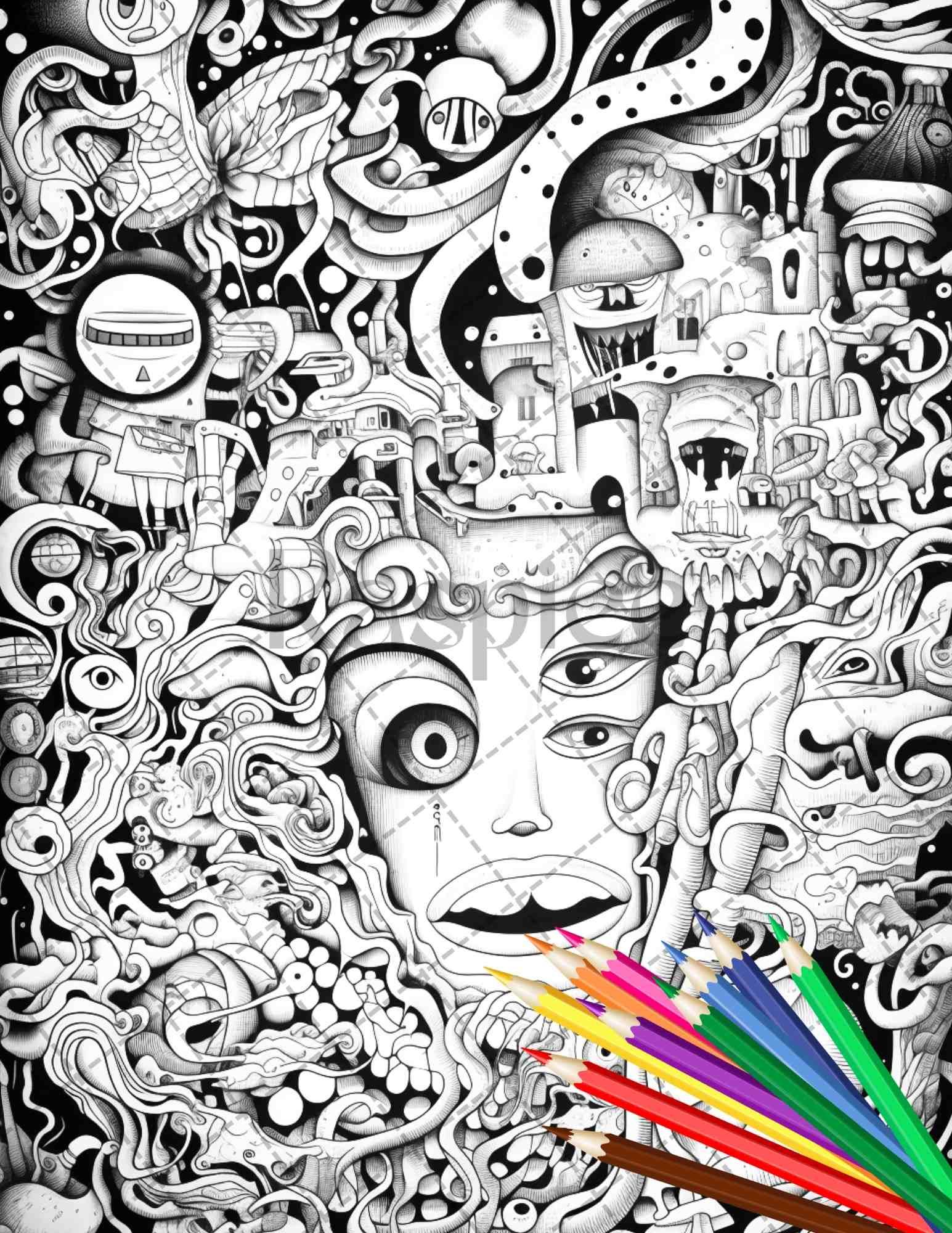 Psychedelic Trippy Coloring Book Printable for Adults, Grayscale Coloring Page, PDF File Instant Download