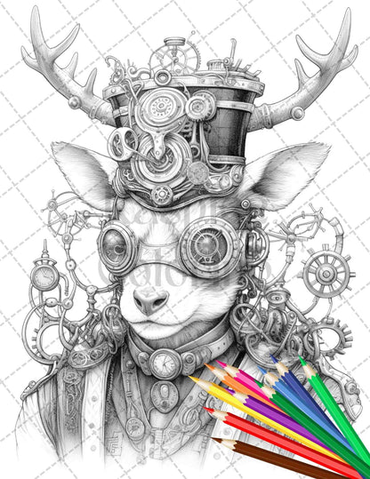 60 Steampunk Animals Grayscale Coloring Pages Printable for Adults, PDF File Instant Download