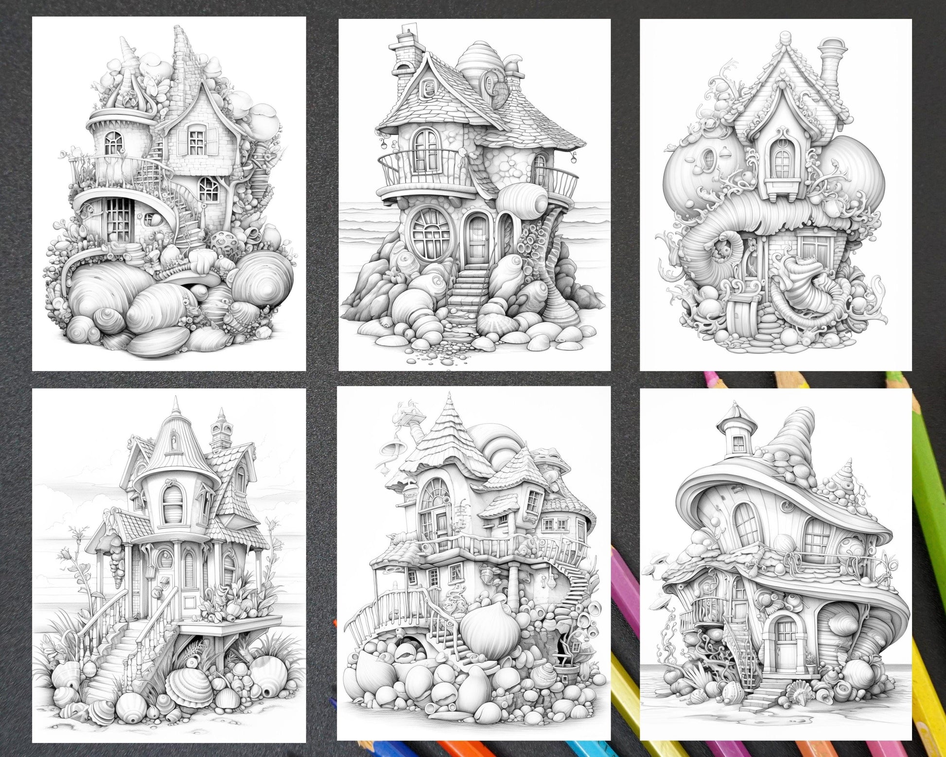 50 Seashell Houses Grayscale Adult Coloring Pages, Printable PDF Instant Download
