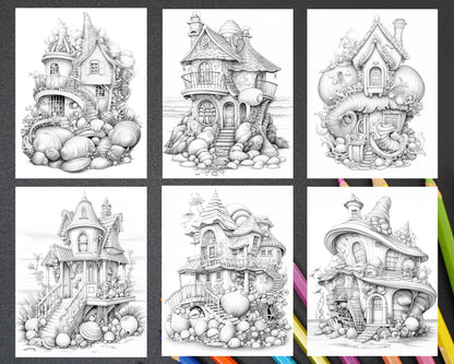 50 Seashell Houses Grayscale Adult Coloring Pages, Printable PDF Instant Download