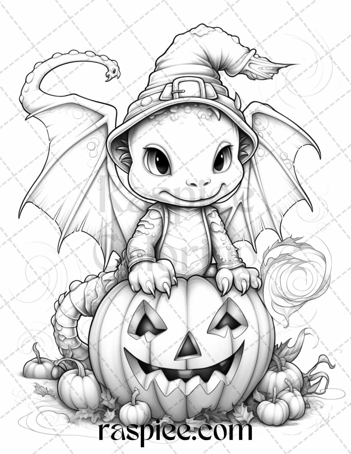 50 Cute Pumpkin Dragons Graycale Coloring Pages for Adults and Kids, Printable PDF File Instant Download