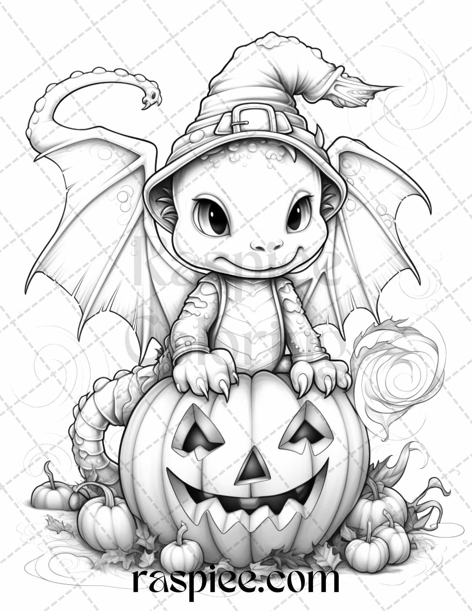 50 Cute Pumpkin Dragons Graycale Coloring Pages for Adults and Kids, Printable PDF File Instant Download