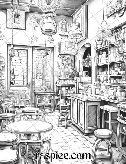 50 Cozy Coffee Shop Grayscale Coloring Pages Printable for Adults, PDF File Instant Download
