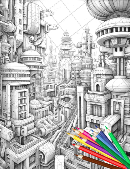 50 Futuristic Metropolis Grayscale Coloring Pages Printable for Adults, PDF File Instant Download
