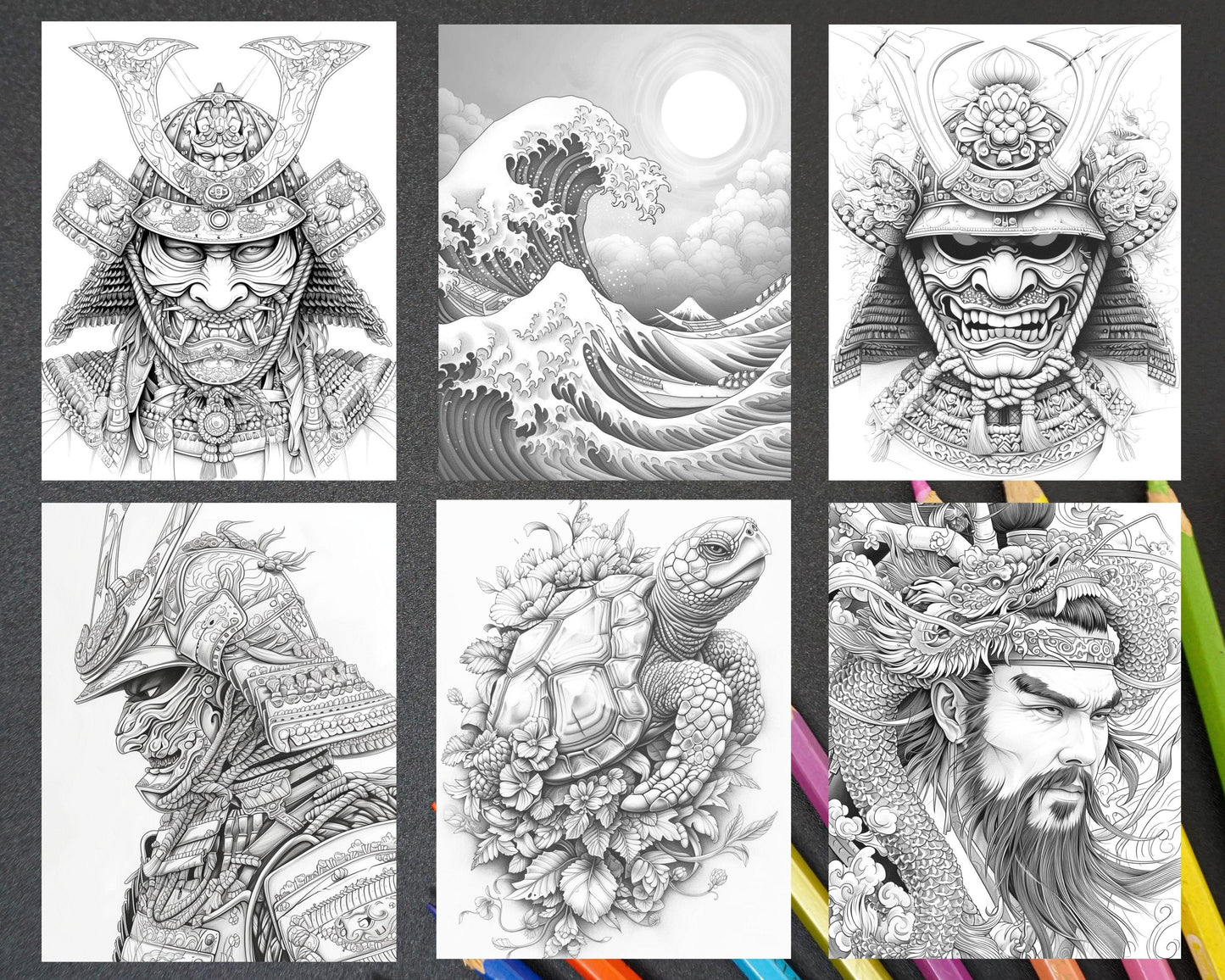 60 Traditional Japanese Tattoos Grayscale Adult Coloring Pages, Printable PDF Instant Download