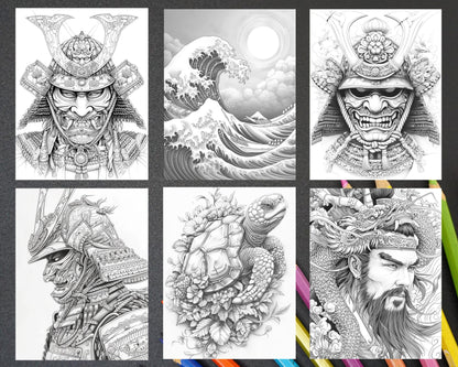60 Traditional Japanese Tattoos Grayscale Adult Coloring Pages, Printable PDF Instant Download