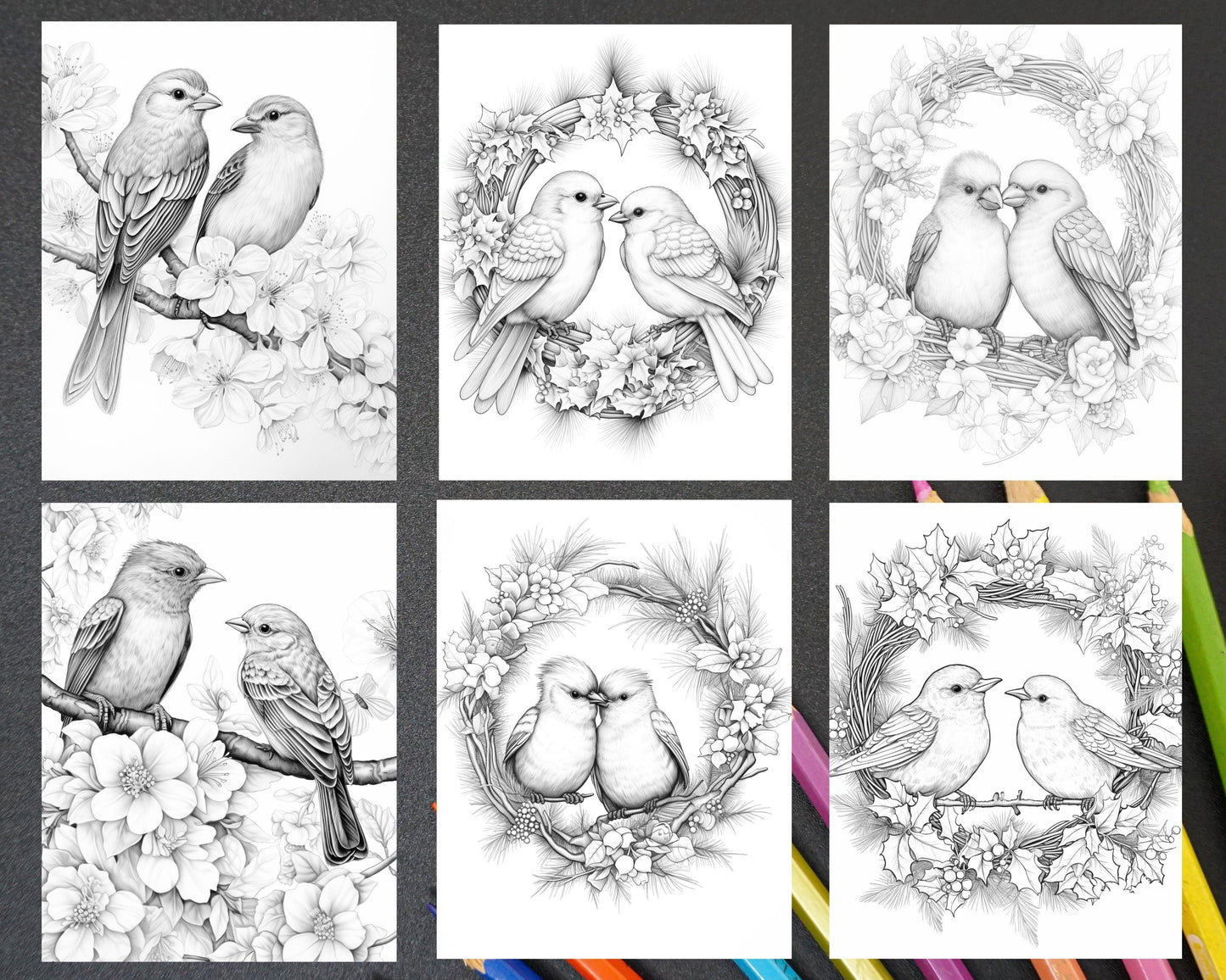 50 Lovebird Couple with Flowers Grayscale Coloring Pages for Adults, Printable PDF Instant Download