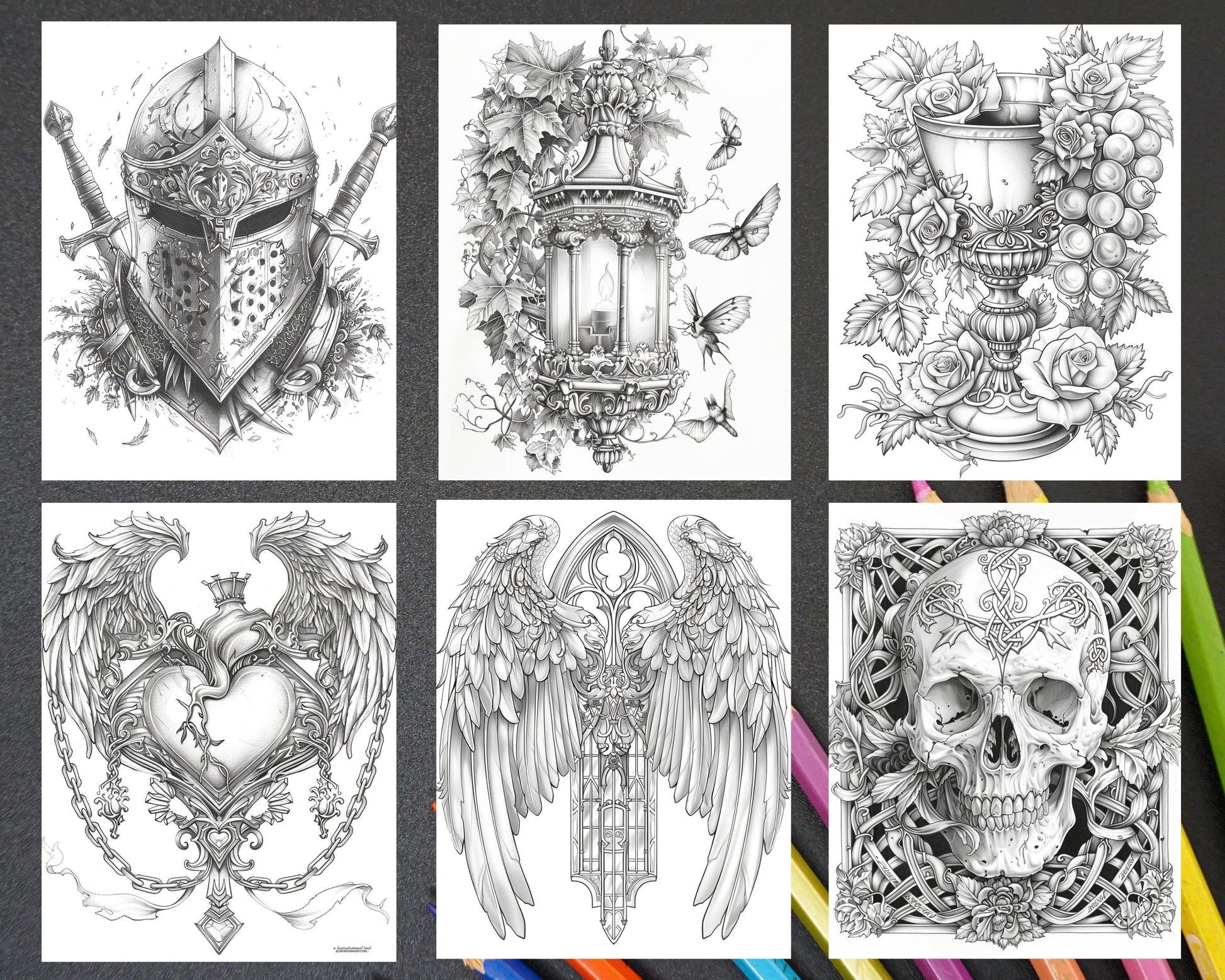 66 Intricate Gothic Tattoos Grayscale Adult Coloring Pages, Printable PDF Instant Download