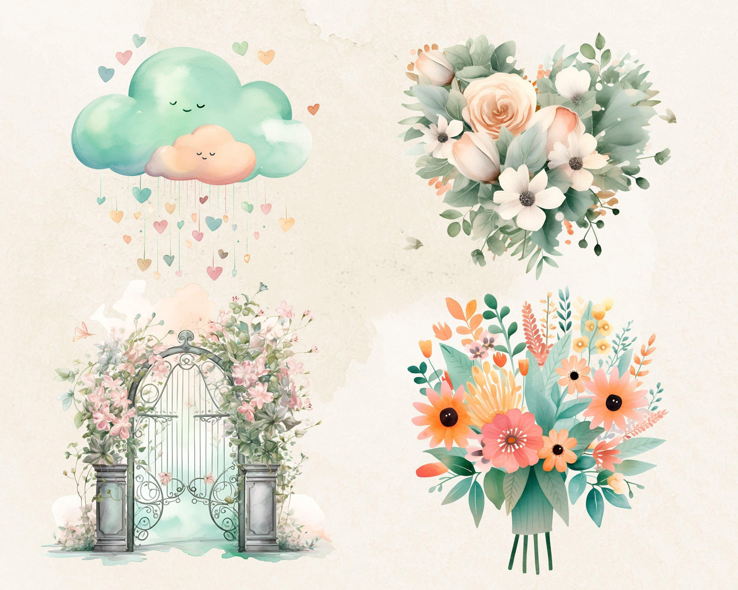 Happy Spring Watercolor Clipart Bundle, 24 PNG High-Res Files for Commercial Use