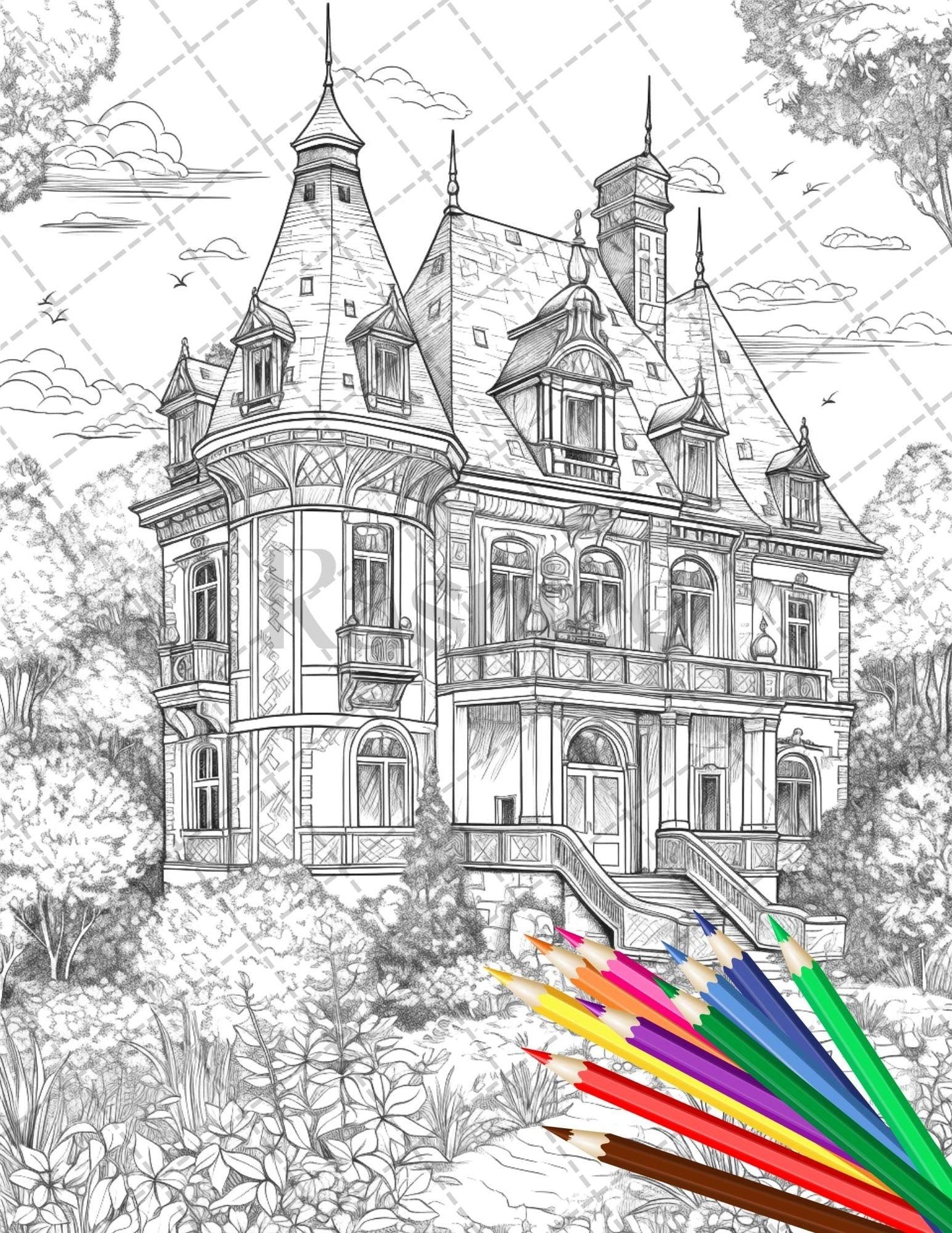 122 Fantasy Castles Coloring Book for Adults, Grayscale Coloring Page, Printable PDF Instant Download