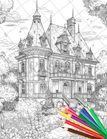 122 Fantasy Castles Coloring Book for Adults, Grayscale Coloring Page, Printable PDF Instant Download