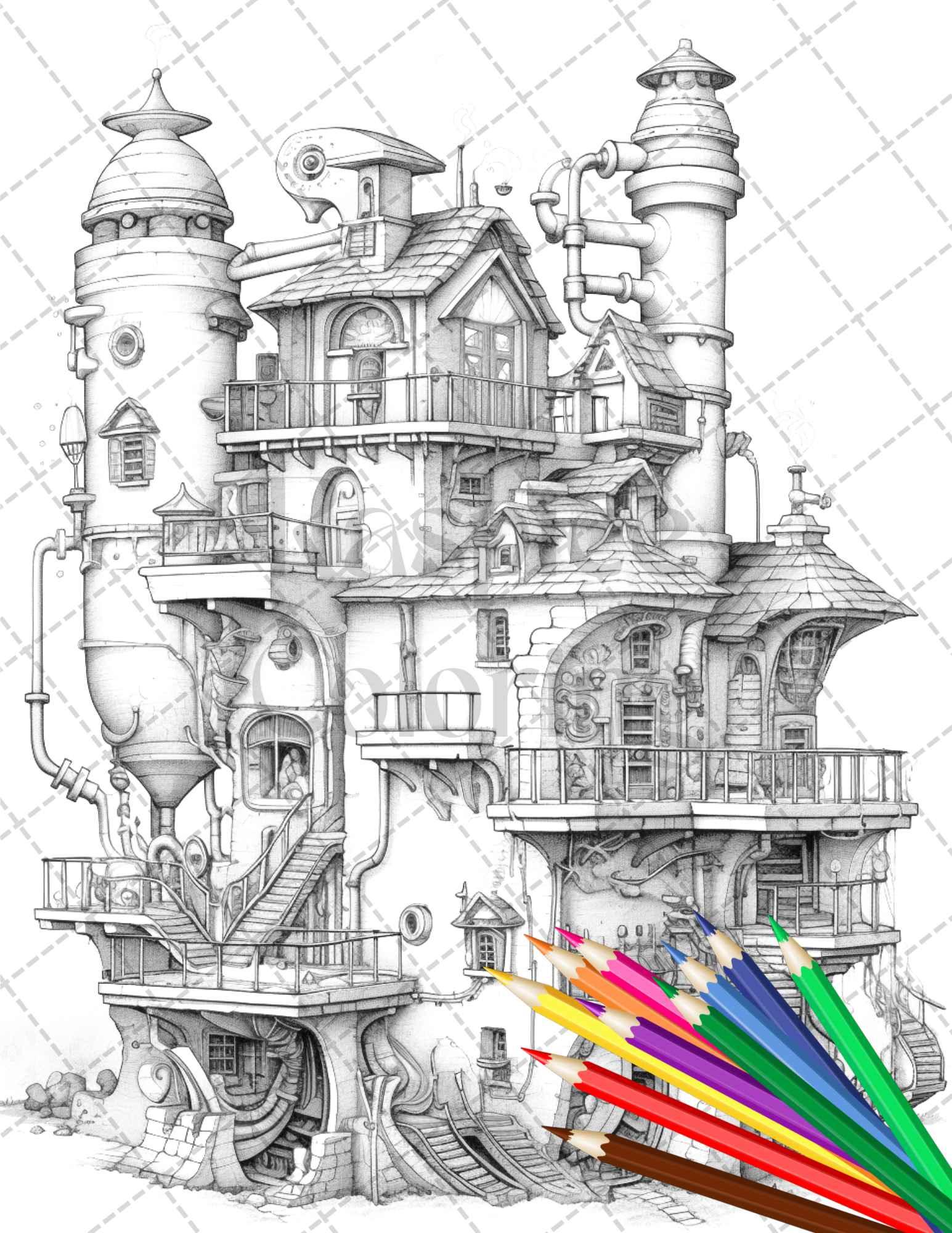 50 Steampunk Houses Grayscale Coloring Pages Printable for Adults, PDF File Instant Download
