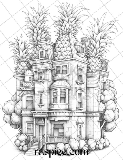 50 Pineapple Houses Grayscale Coloring Pages Printable for Adults, PDF File Instant Download
