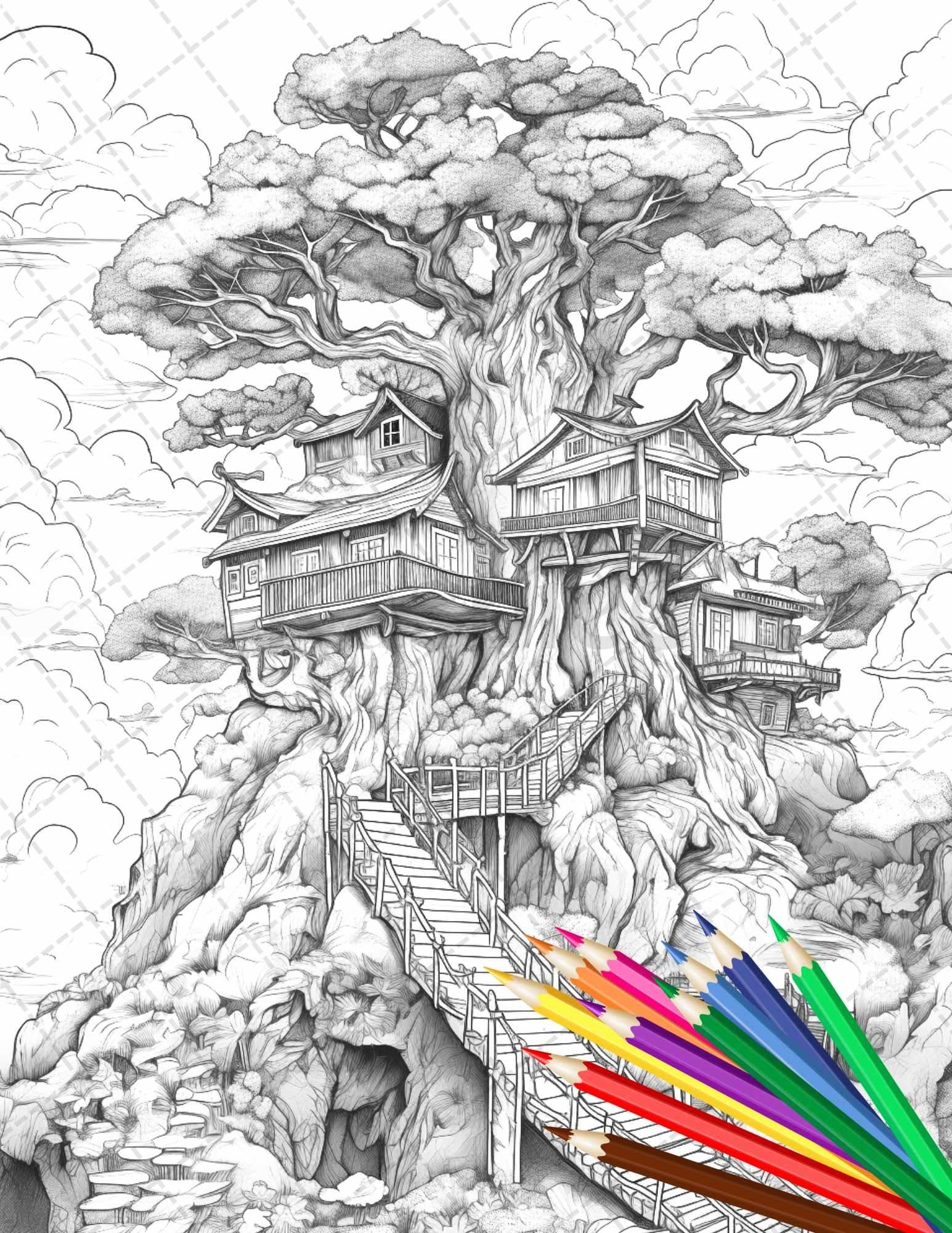 110 Enchanted Treehouse Coloring Book Printable for Adults, Grayscale Coloring Page, PDF File Instant Download