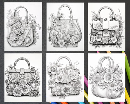 50 Floral Handbags Grayscale Coloring Pages for Adults, Printable PDF Instant Download