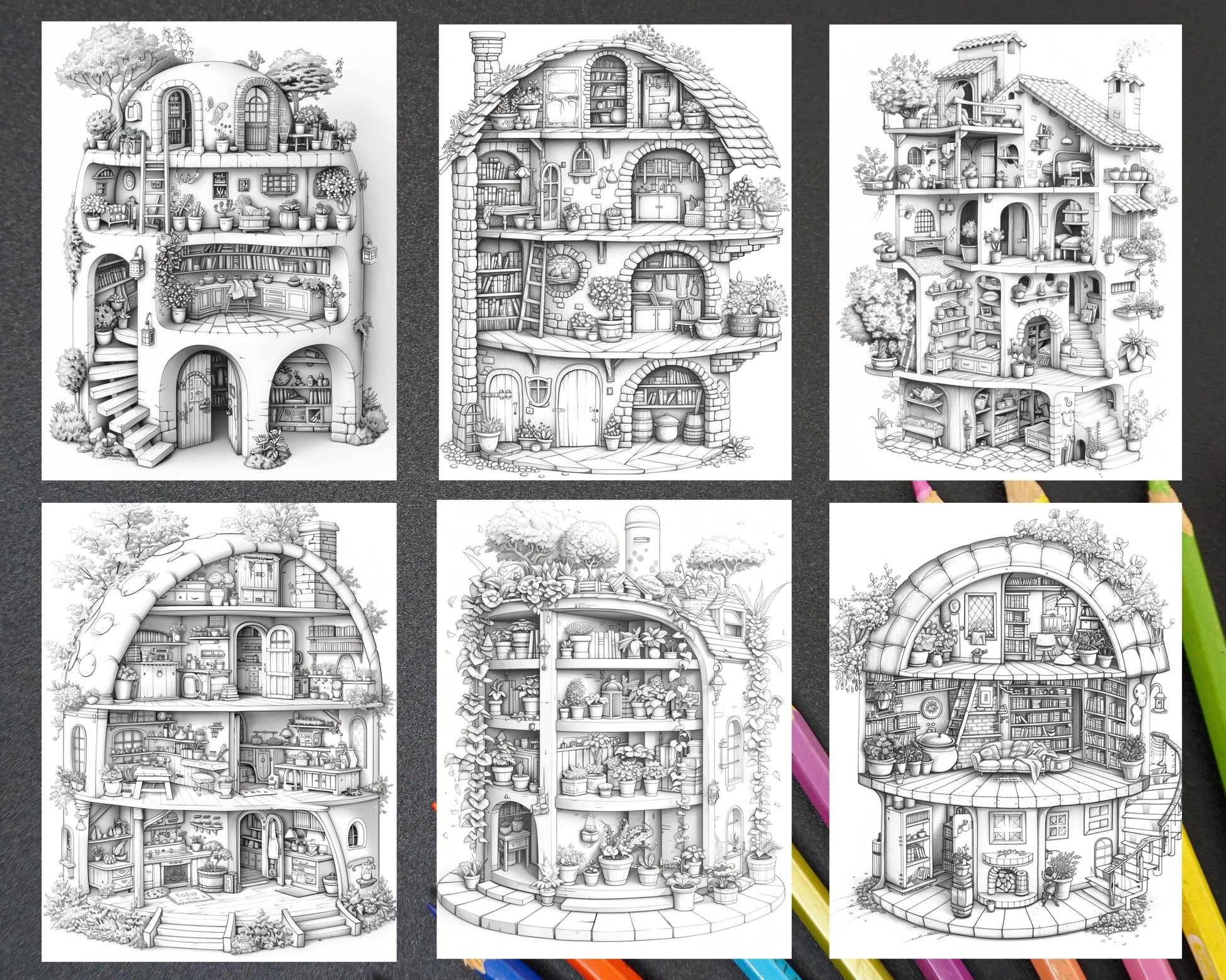60 Isometric House Grayscale Adult Coloring Pages, Printable PDF Instant Download