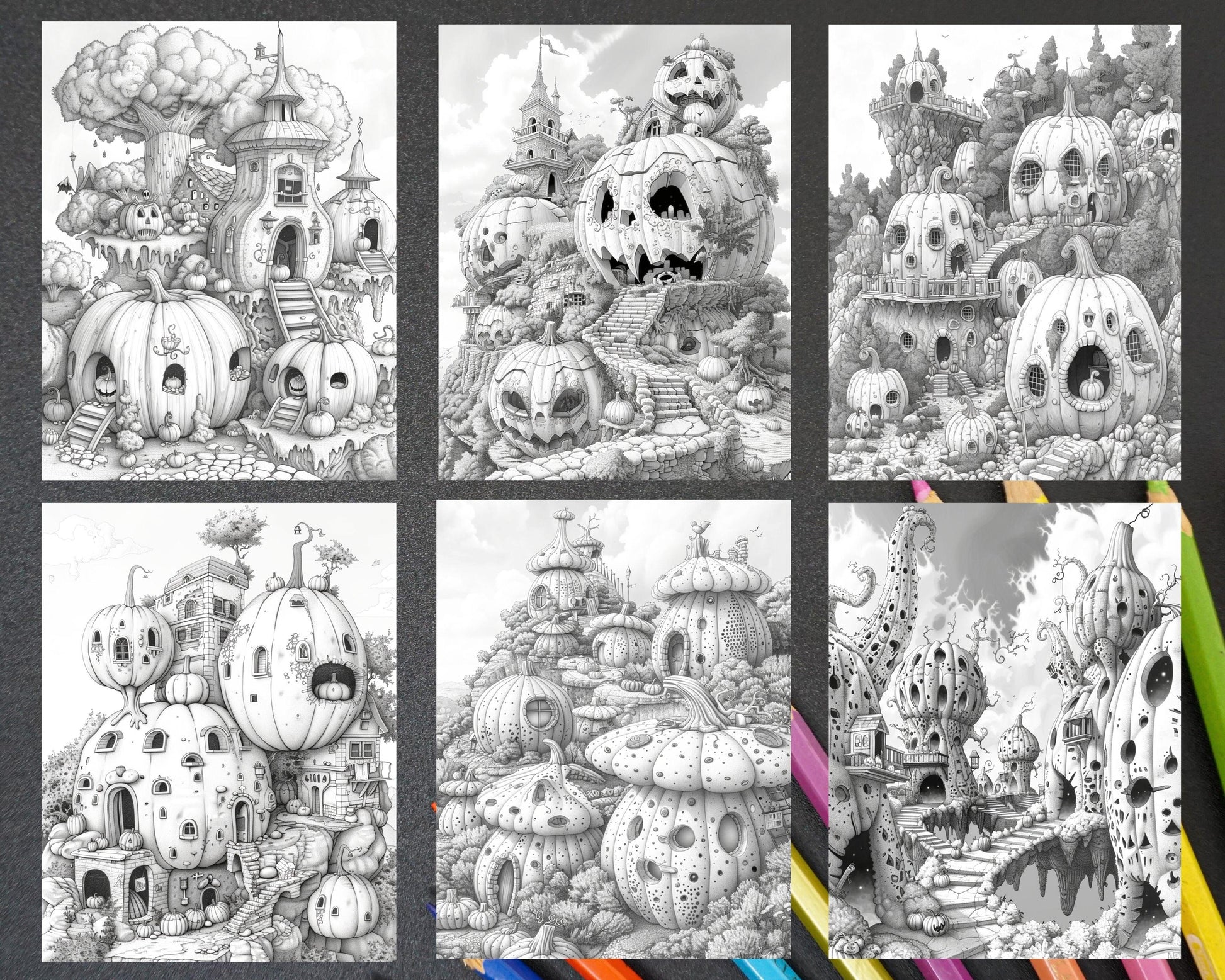 65 Fantasy Pumpkin Village Grayscale Adult Coloring Pages, Printable PDF Instant Download
