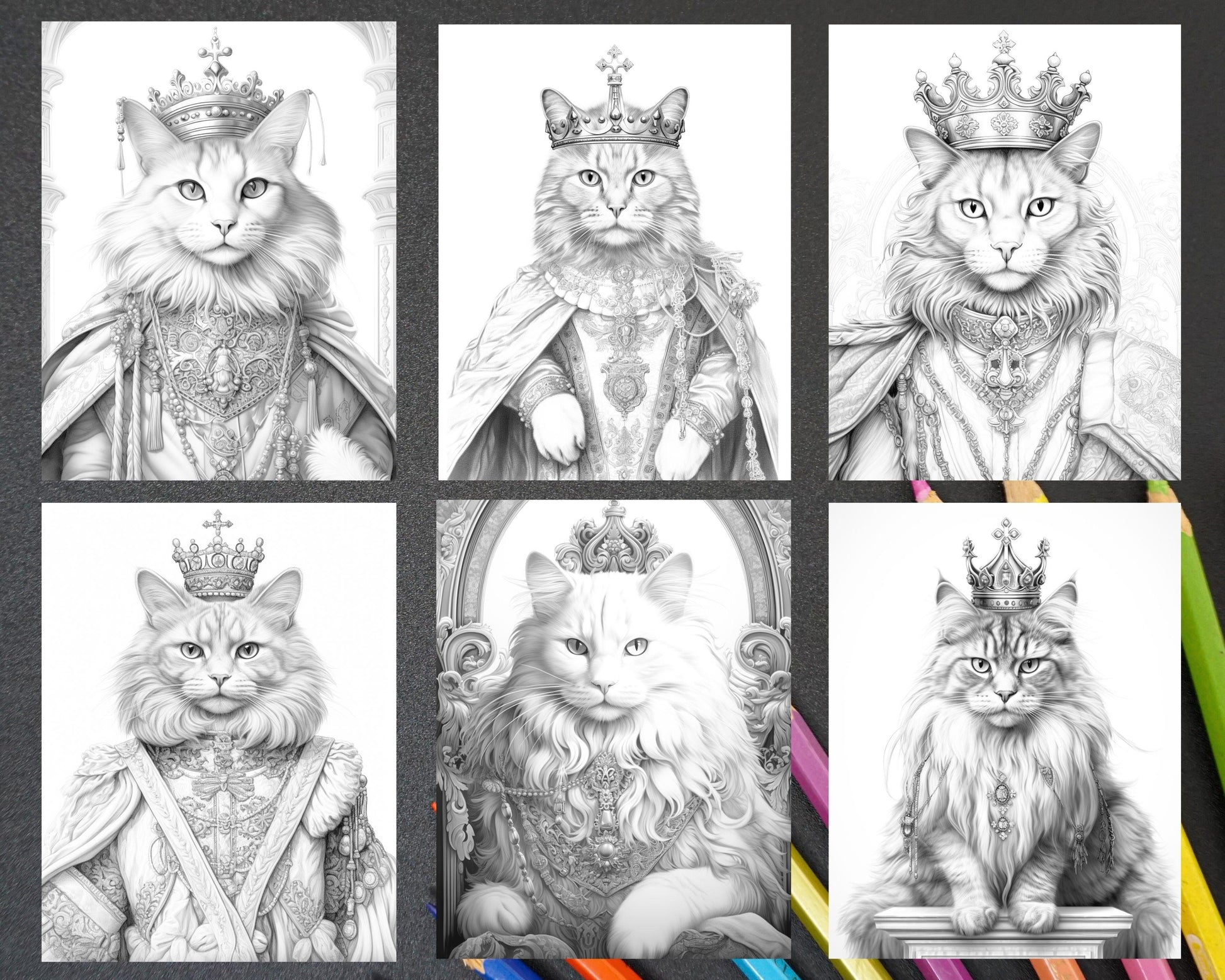 50 Royal King Cat Grayscale Coloring Pages for Adults, Printable PDF Instant Download