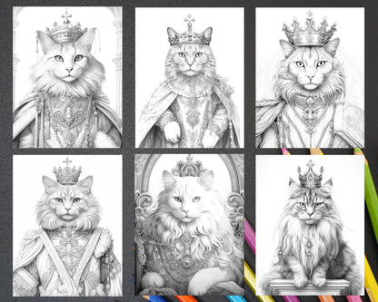 50 Royal King Cat Grayscale Coloring Pages for Adults, Printable PDF Instant Download