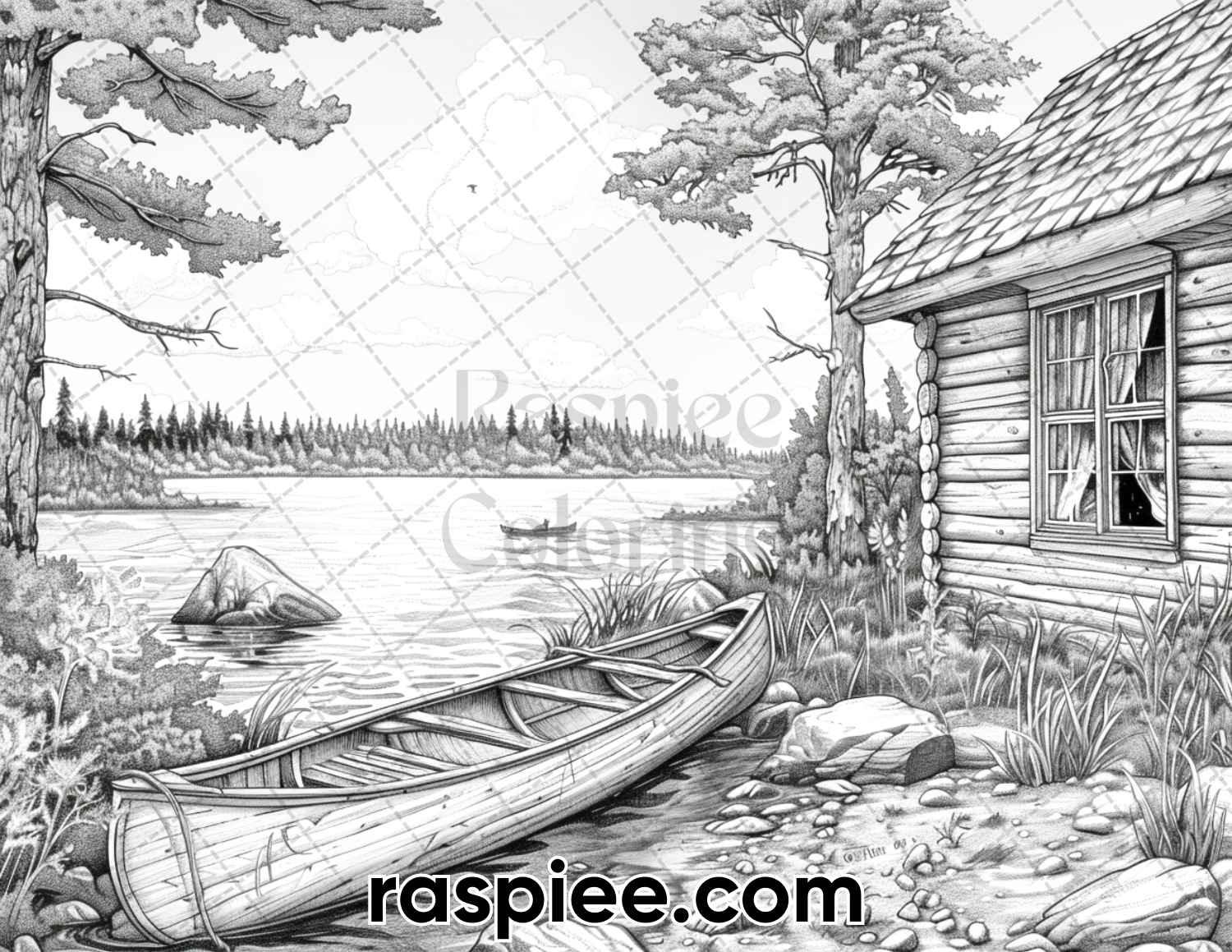 62 Serene Lakeside Cabins Grayscale Adult Coloring Pages, Printable PDF Instant Download