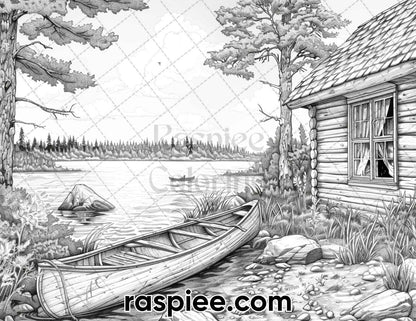 62 Serene Lakeside Cabins Grayscale Adult Coloring Pages, Printable PDF Instant Download