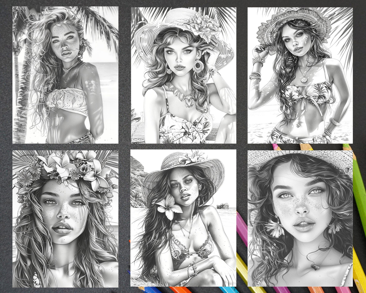70 Beautiful Tropical Girls Grayscale Adult Coloring Pages Printable PDF Instant Download