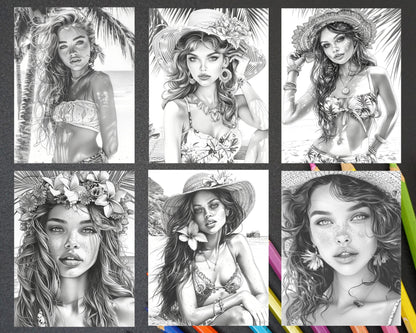 70 Beautiful Tropical Girls Grayscale Adult Coloring Pages Printable PDF Instant Download