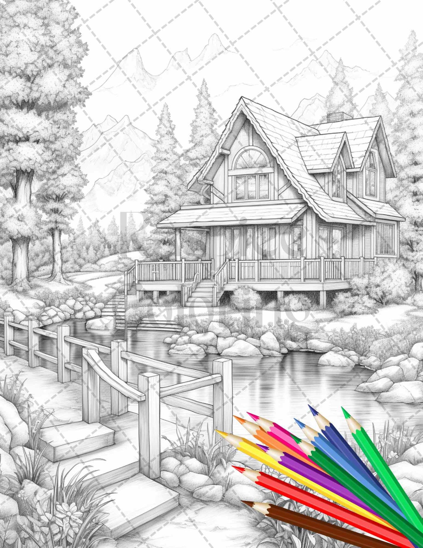 Lake Cabin Scenery Grayscale Coloring Pages Printable for Adults, PDF File Instant Download