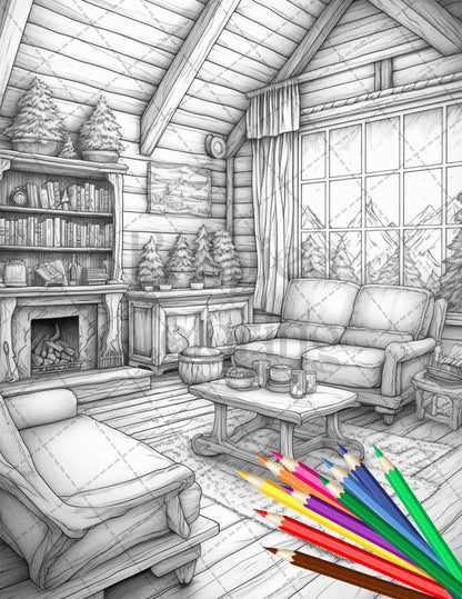 Cozy Cabin Interior Grayscale Coloring Pages Printable for Adults, PDF File Instant Download