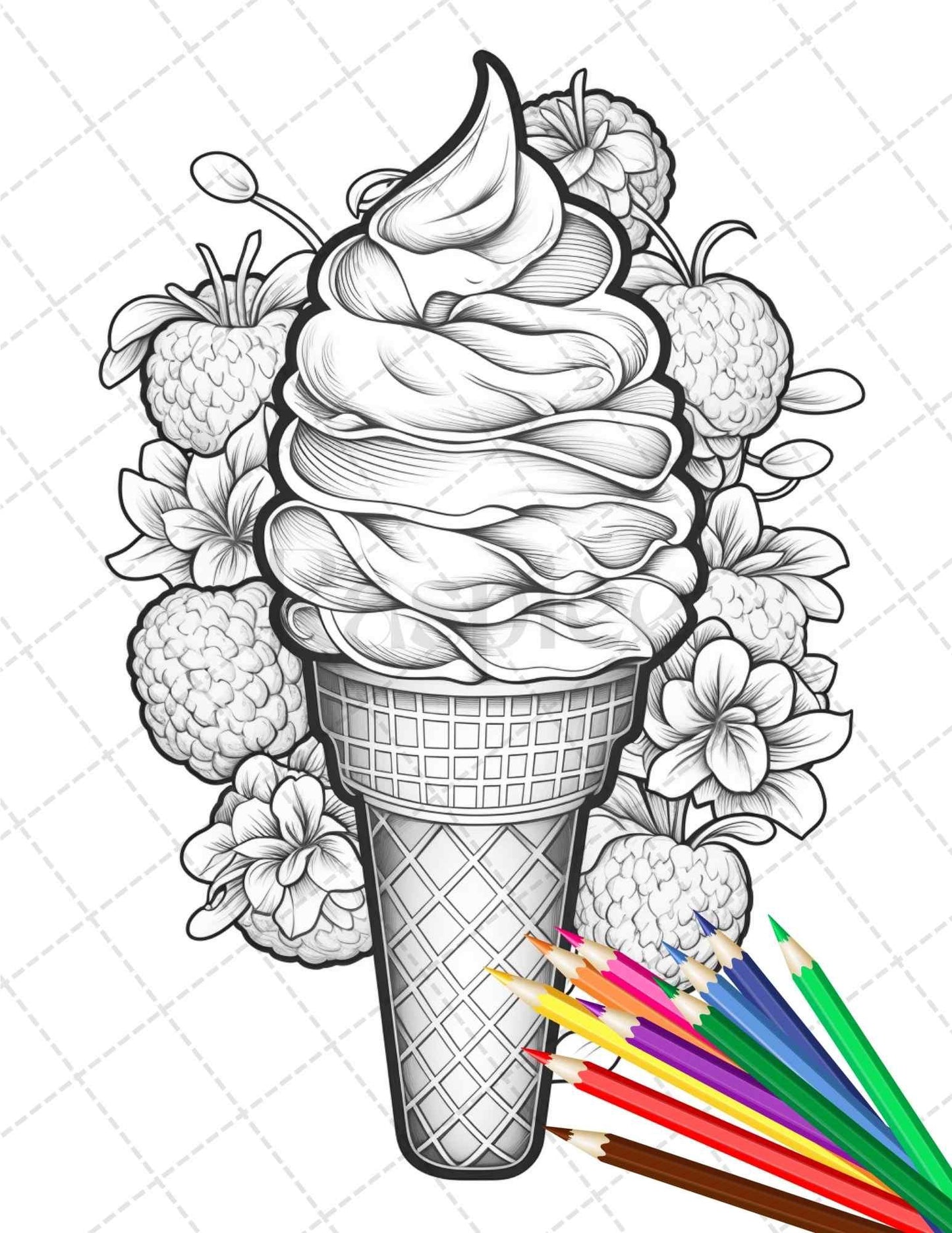 52 Printable Ice Cream Desserts Coloring Pages for Adults and Kids, Grayscale Coloring Page, PDF File Instant Download