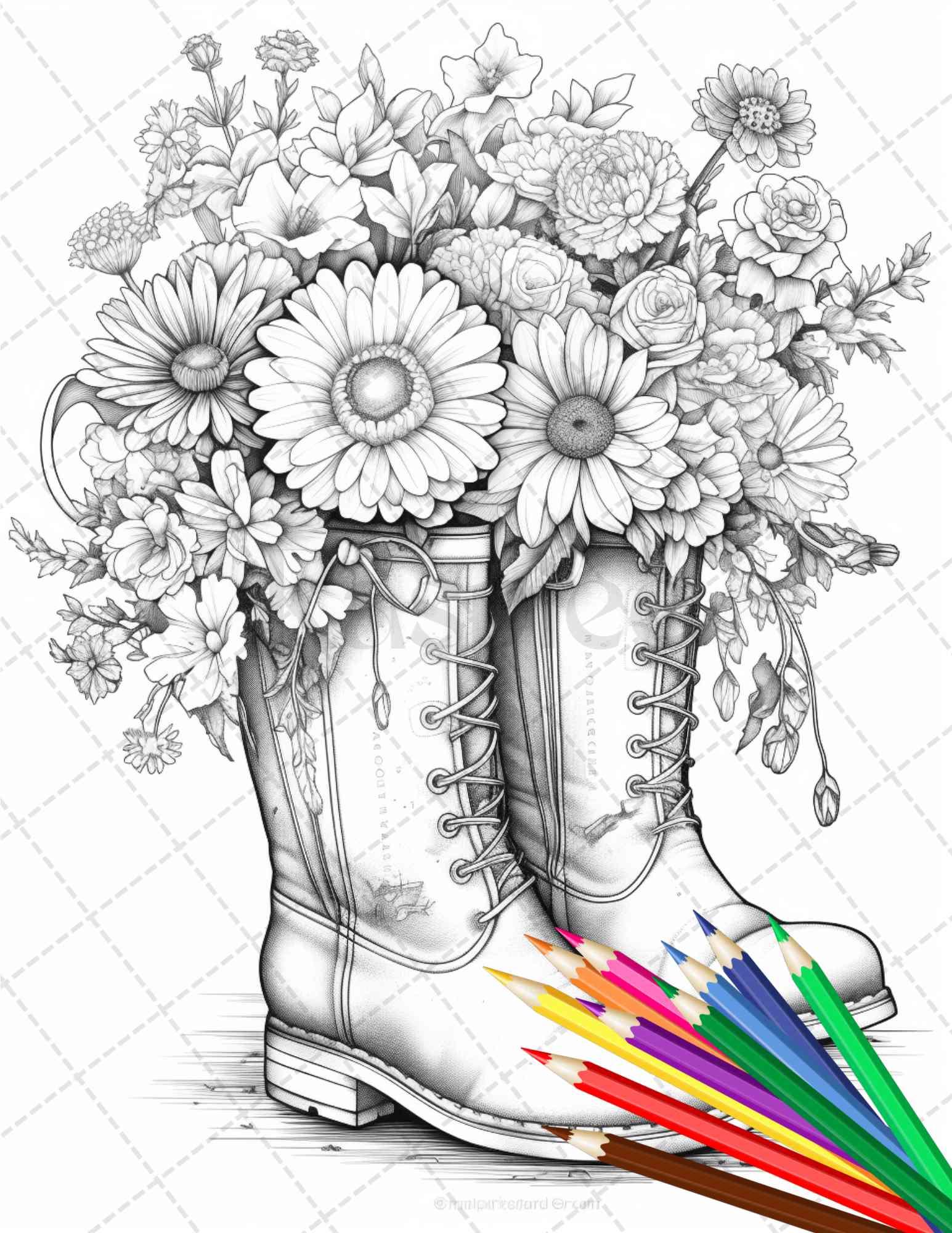 32 Flower Boots Coloring Pages Printable for Adults, Floral Grayscale Coloring Page, PDF File Instant Download