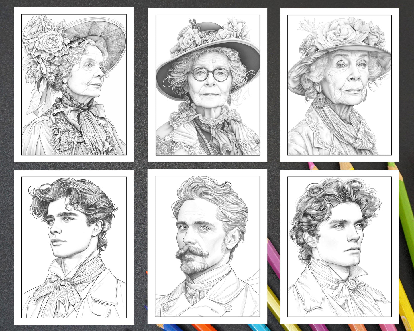 50 Victorian Portrait Adult Coloring Pages Printable PDF Instant Download