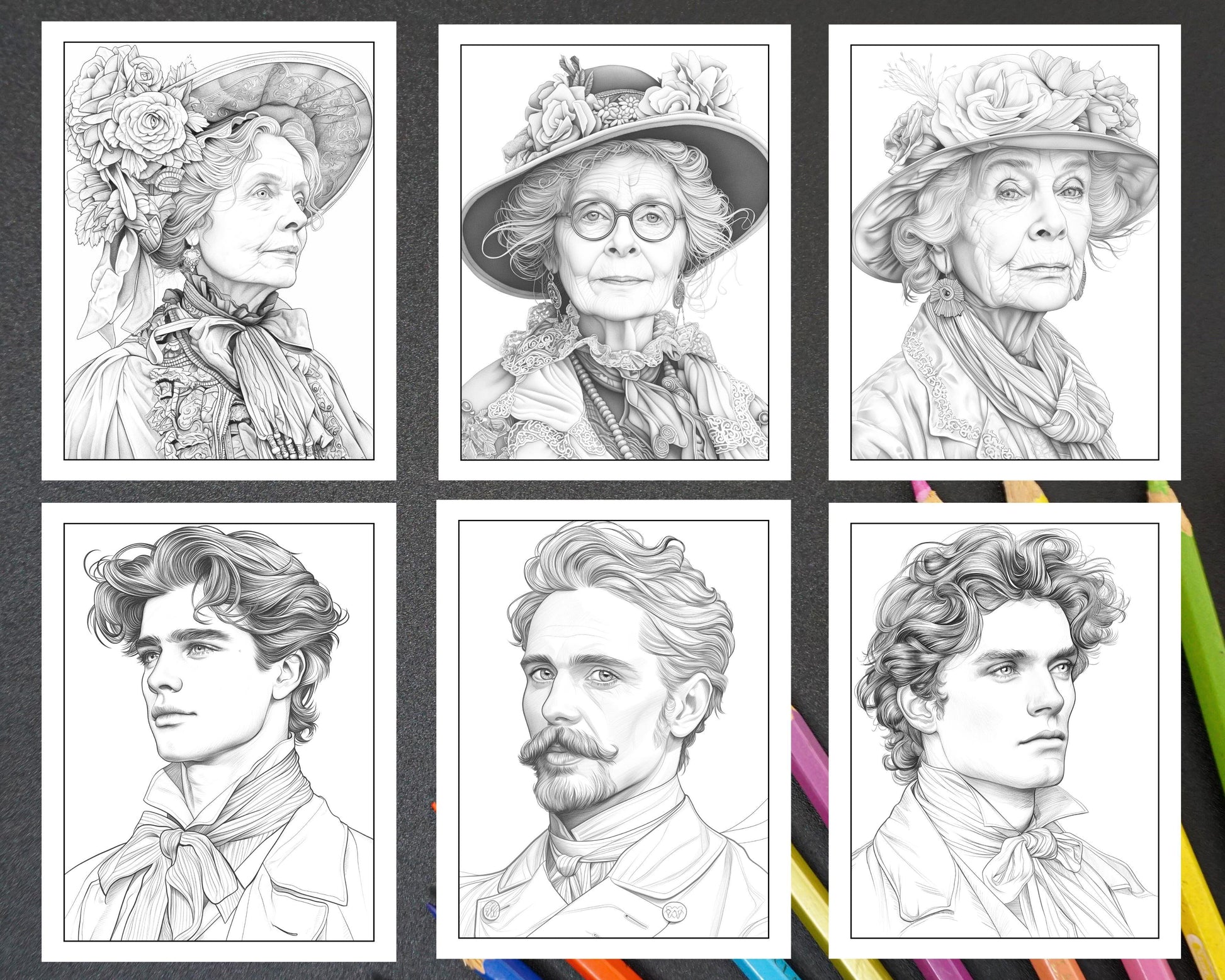 50 Victorian Portrait Adult Coloring Pages Printable PDF Instant Download