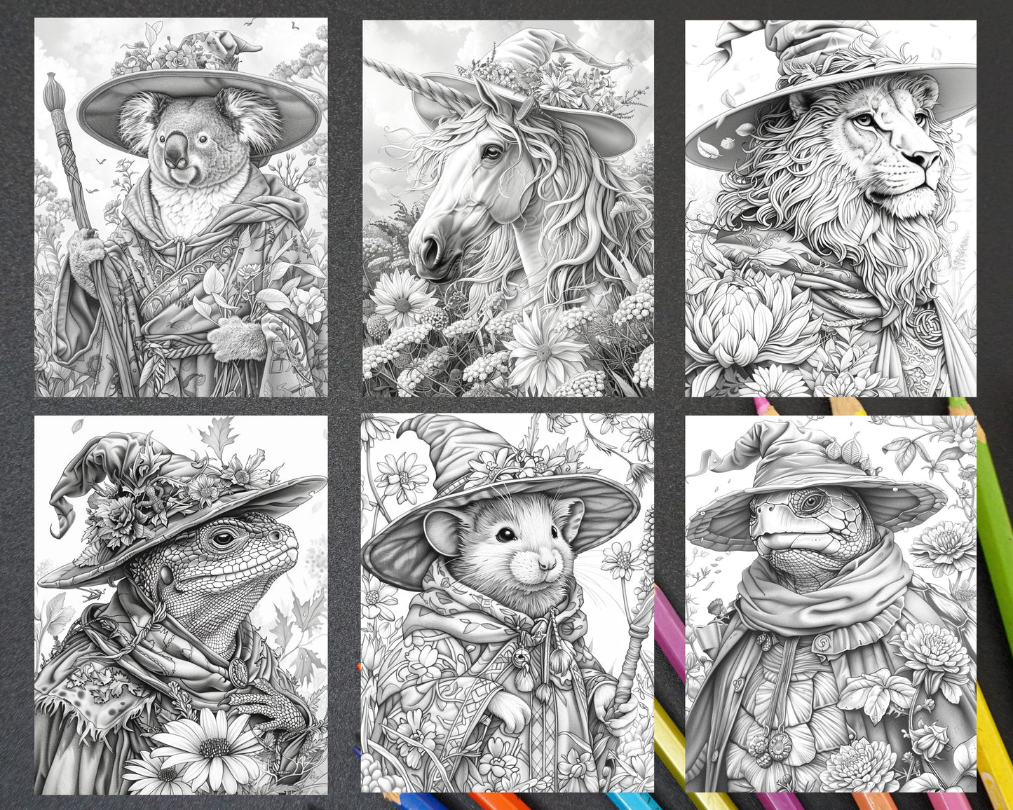 77 Wizard Animals Grayscale Adult Coloring Pages Printable PDF Instant Download
