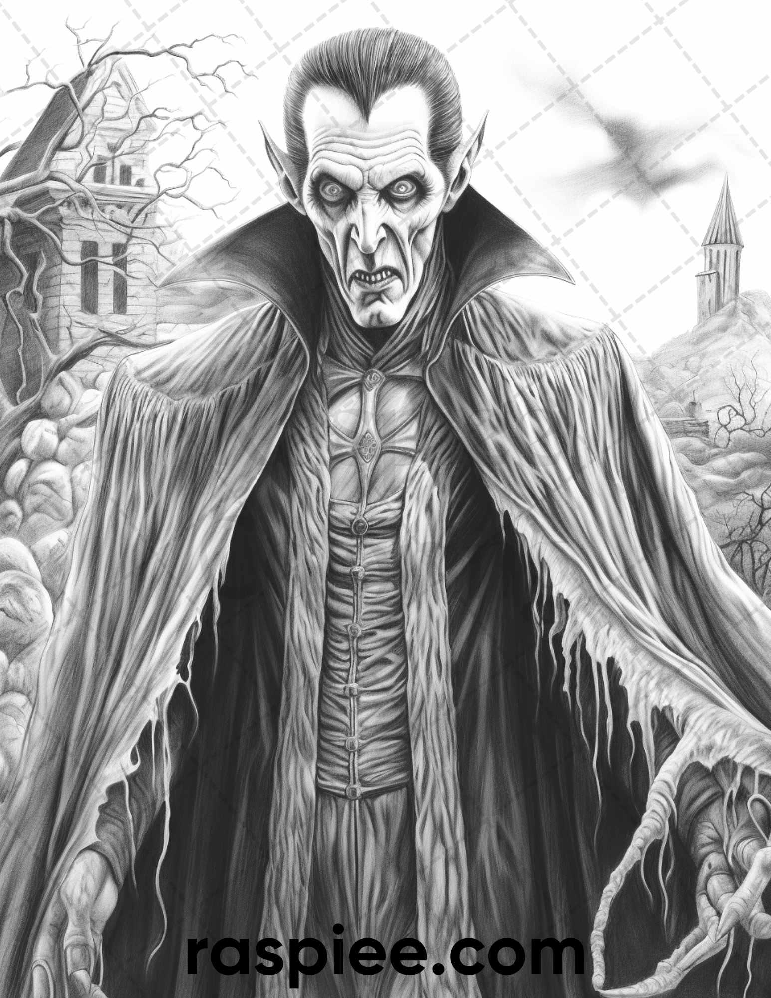 50 Count Dracula Grayscale Coloring Pages Printable for Adults, PDF File Instant Download