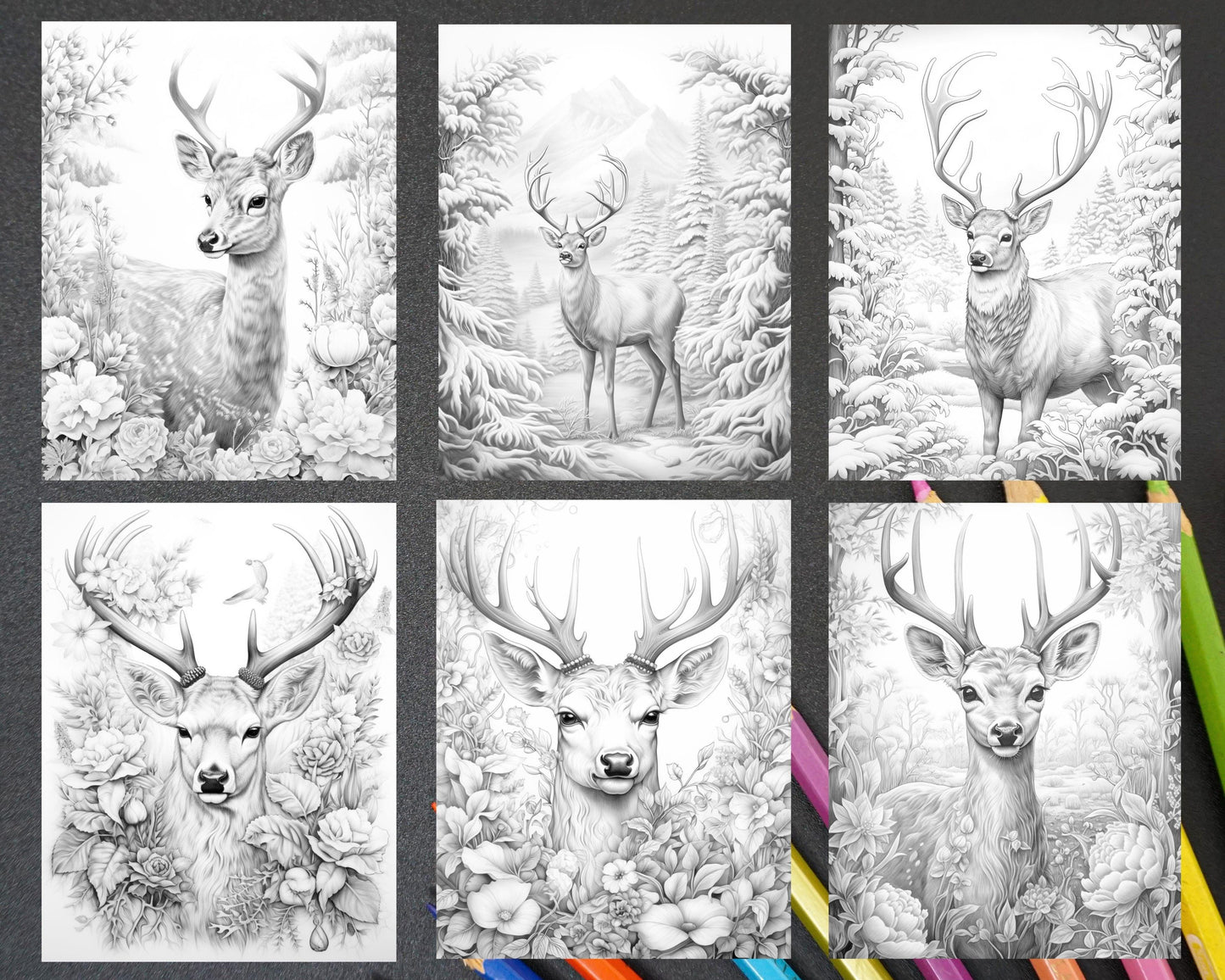 50 Christmas Deer Grayscale Coloring Pages for Adults, Printable PDF Instant Download