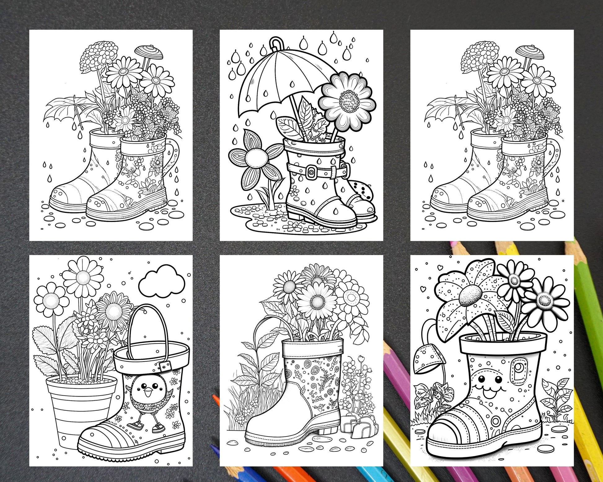50 Printable Flower Rainboot Coloring Pages for Adults, Floral Grayscale Coloring Page, Printable PDF File Download