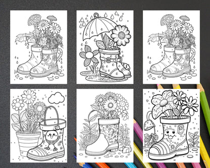50 Printable Flower Rainboot Coloring Pages for Adults, Floral Grayscale Coloring Page, Printable PDF File Download