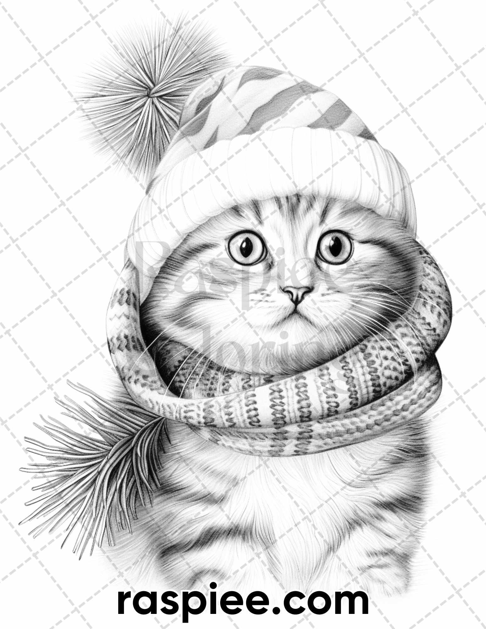 40 Christmas Cats Grayscale Coloring Pages for Adults, Printable PDF Instant Download